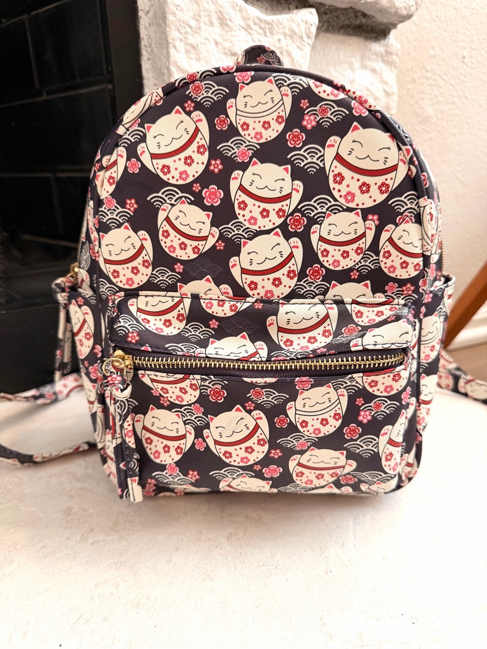 Under One Sky Lucky Cat Maneki Neko Mini Backpack White Navy Red